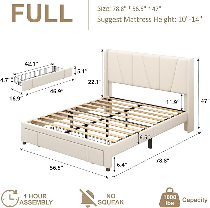 Full Bed Frame with Storage Drawers, Upholstered Full Size Platform Bed with 47" Tall Headboard and Wingboard, No Box Spring Needed, Noise Free, Easy Assembly, Wooden Support Slats, Beige