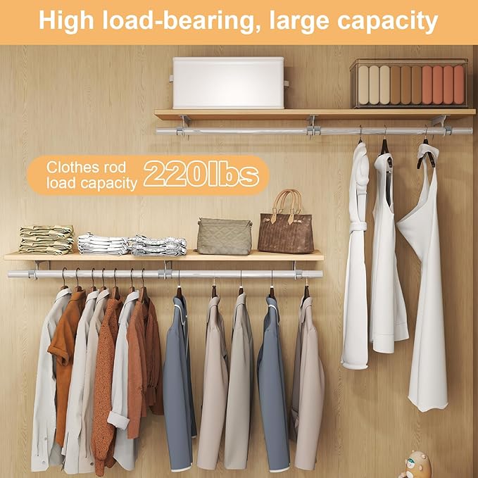 Mounted Closet Systems with Removable Shelves & Hanging Rods - Solid Wood Wall-Mounted Wardrobe Organizer for Bedroom, Walk-in Closet, 47.2in Space Saving Closet Storage System（1 Pack）