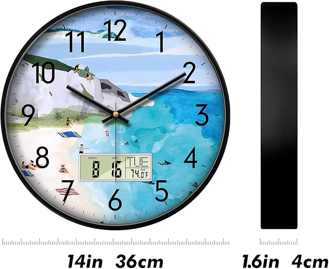 Silent Wall Clock with Temperature Day and Date Blue Mountain and Sea Beach Non-ticking Kitchen Clock Digital Large Display Battery Operated Clocks Decor for Bathroom Living Room Office 14 Inch