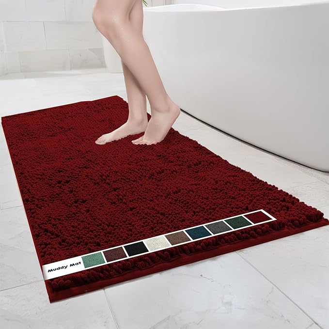 Muddy Mat Chenille Bathroom Rugs Quick Dry Microfiber Mats Non Slip Washable, Extra Thick, Soft and Highly Absorbent Bath Mats for Bathroom, Kitchen, and Shower Floor - Red XL 59"X35"