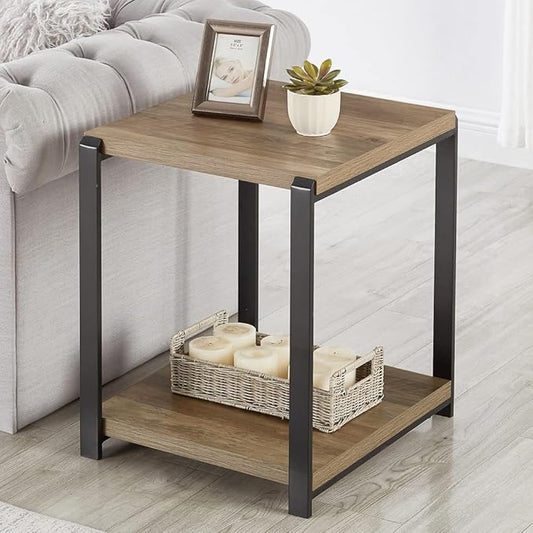FOLUBAN Industrial End Table, Square Side Table with Storage Shelf for Living Room, Wood and Metal Nightstand, Oak
