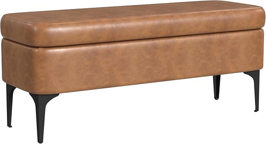 HomePop Upholstered Storage Bench with Metal Leg Home Décor|Bench with Storage for Living Room & Entryway - Carmel Faux Leather