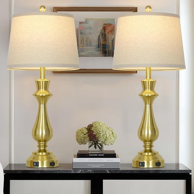 Modern Gold Table Lamps Set of 2 for Living Room,30" Tall Bedside Lamp with USB Charging Port,3-Way Dimmable Touch Nightstand Lamp for Bedroom Desk Side Table Office,Gold