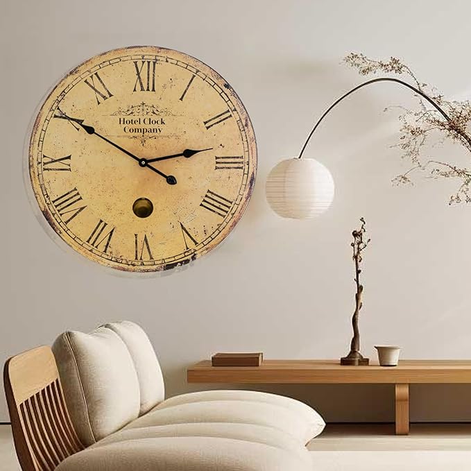 23 Inch Rustic Farmhouse Wall Clock, Solid Wood Silent Non-Ticking, Battery Operated Decorative Clock for Living Room, Kitchen, Bedroom, Office and Home Decor