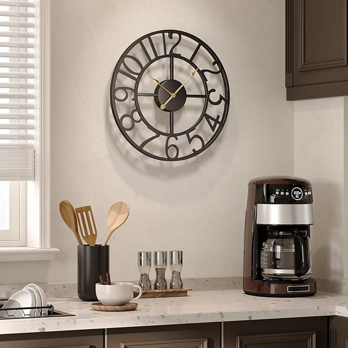 Black 16 Inch Wall Clock Decorative, Modern Metal Clock for Lving Room, Battery-Operated Silent Non Ticking Arabic Numerals Wall Clocks for Bedroom, Kitchen, Dining Room, Office