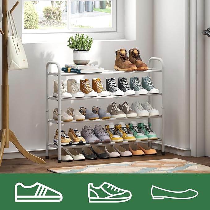 Expandable Shoe Rack, 4-Tier Expandable Metal Shoe Rack,Shoe Shelf for Closet, Entryway & Hallway