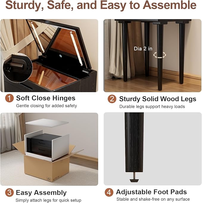 Solid Wood Small Vanity Desk with Mirror and Lights, Narrow Makeup Vanity for Small Space, Flip Top Vanity Side Table, 3 Color Modes & Adjustable Brightness, 19.6" Slim Dressing Table, Black