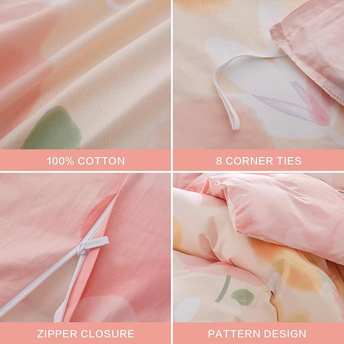 SAPHREAS Pink Floral Duvet Cover Set Full Size Blossom Flower Printed Bedding Comforter Cover Set 100% Cotton 1 Duvet Cover 90"x80" 2 Pillow Shams, Comforter Not Included