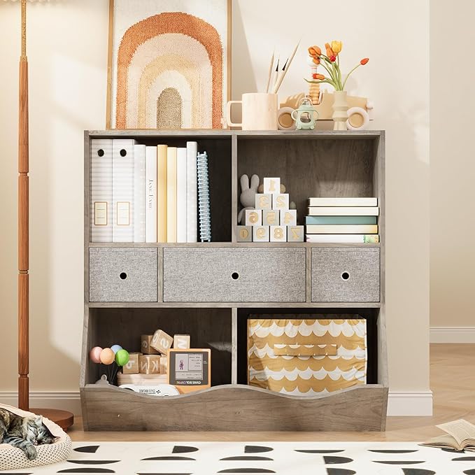 3-Tier Kids Bookshelf & Toy Storage Organizer - Wooden Bookcase with 3 Drawers, 4 Cubby Shelves, Anti-Tip Safety Design - Nursery, Playroom, Children's Room -2 Set Grey