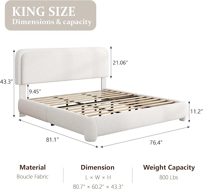 King Size Bed Frame with Headboard Adjustable, Boucle Upholstered Platform King Bed Frame, Anti-Collision Soft Rounded Corners, No Box Spring Needed, Noise-Free, Easy Assembly, White
