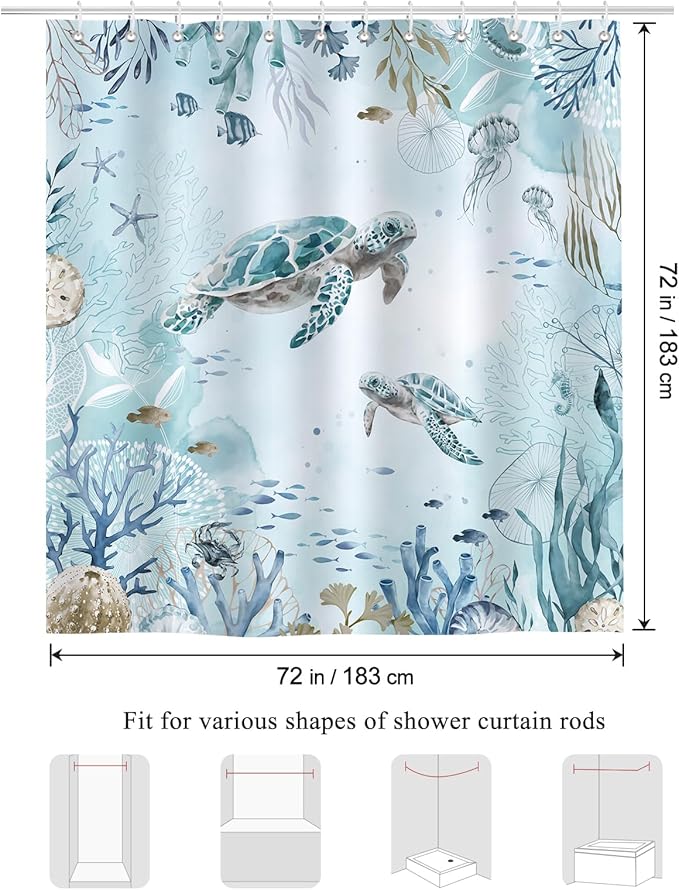 Bonhause Sea Turtle Shower Curtain for Bathroom Teal Blue Ocean Beach Coastal Decorative Bath Curtain 72 x 72 Inch Polyester Fabric Waterproof Bathroom Curtain with 12 Hooks