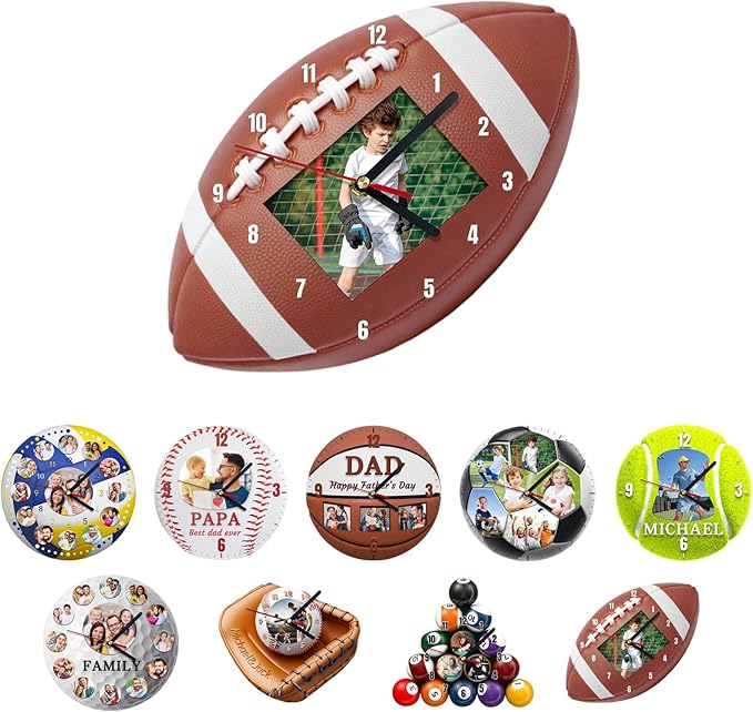 Custom Wall Clock, Personalized Clocks with Picture, Customized Silent Sports Ball Clock for Living Room Kids Bedroom, Birthday Rugby Style