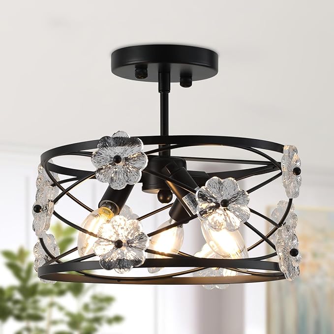 12.6" Semi Flush Mount Ceiling Light 3-Lights Drum Black Ceiling Lighting Vintage Industrial Modern Crystal Flower Light Fixture for Bedroom, Entryway, Kitchen, Dining Room, E12