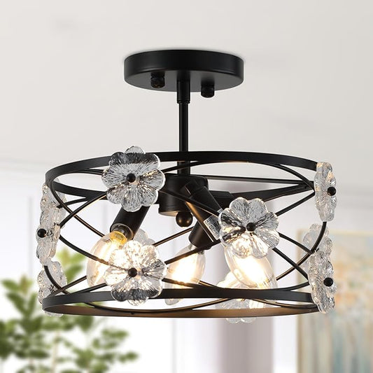 12.6" Semi Flush Mount Ceiling Light 3-Lights Drum Black Ceiling Lighting Vintage Industrial Modern Crystal Flower Light Fixture for Bedroom, Entryway, Kitchen, Dining Room, E12