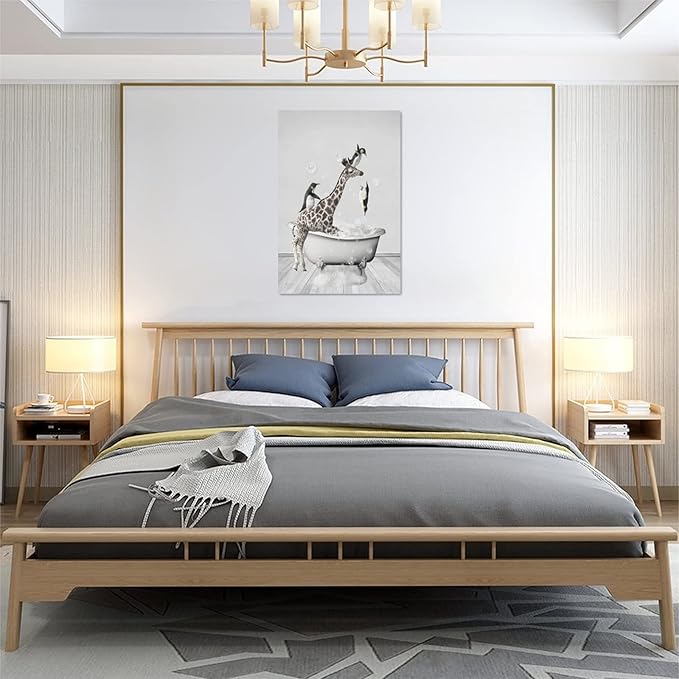 Funny Wall Art Giraffe and Penguin Bathroom Pictures for Kids - Animals in Bathtub Canvas Prints Artwork - Home Decorations for Bathroom, Bedroom, Toilet - Framed