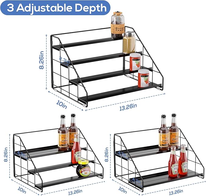 Spice Rack Organizer for Cabinet, 4 Tiered Spice Rack Organizer, Tiered Adjustable Spice Shelf for Kitchen Countertop Pantry Organization (Bright Black)