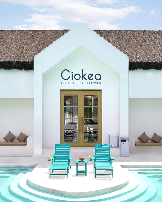 Lounge Chair Outdoor, Oversized Chaise Lounge Chair with 5 Positions, HDPE, Patio Lounge Chair with Wheels & Cup Holder for Pool, Deck, Poolside, Lake Blue