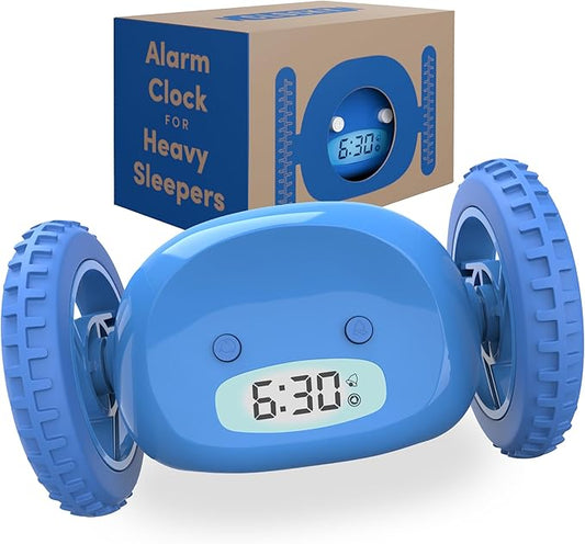 CLOCKY Extra Loud Alarm Clock for Heavy Sleepers on Wheels Rolls Runaway Vibrating Easy To Set Super Smart Snooze Digital Bed Shaker Alarm Clock Funny Gift for Adults Kids Teens Bedrooms (Blue Wheels)