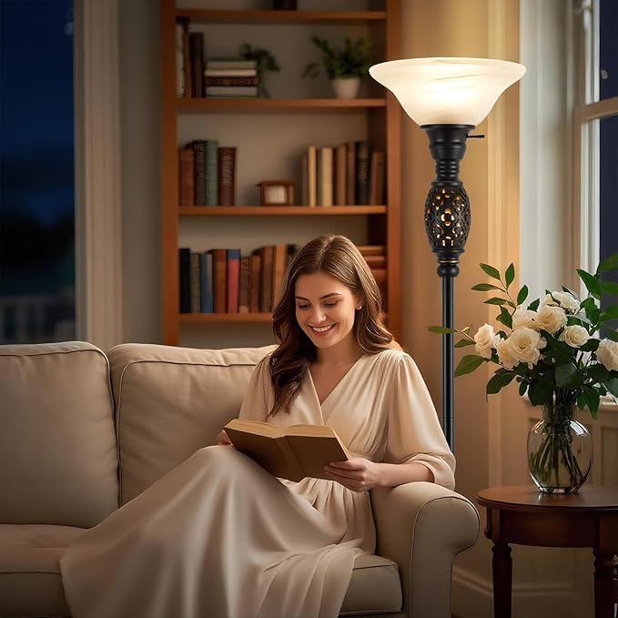 Vintage Floor Lamp with Nightlight, 70" Rustic Standing Lamp with Glass Shade, Victorian Style Tall Lamp Decor for Living Room Bedroom Study Home Office Corner (Bulb Included)