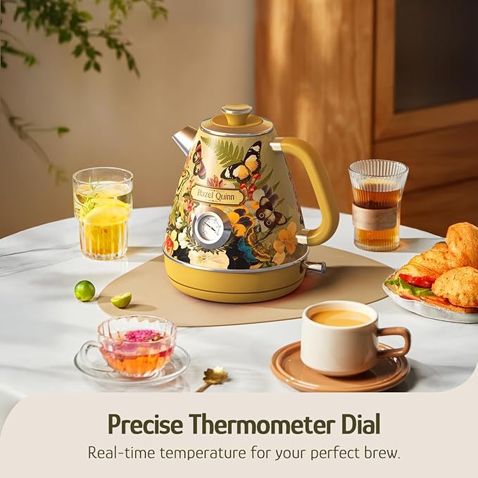 Hazel Quinn X Eduardo Recife Electric Kettle - 1200W Fast Water Boiling, 1.7L/57oz, All 304 Stainless Steel Interior, BPA-Free, Auto Shut-Off, Cordless Retro Teapot with Thermometer - Floral Patterned