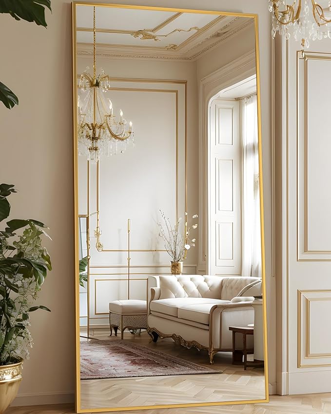 Antok Full Length Mirror, 71"x28" Floor Mirror with Stand, Hanging Mounted Mirrors for Bedroom, Living Room, Cloakroom, Dining Room, Gold, Rect