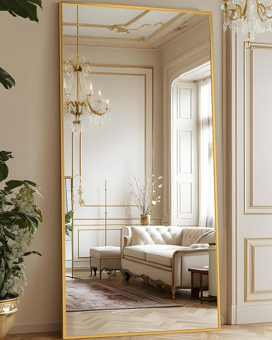 Antok Full Length Mirror, 71"x28" Floor Mirror with Stand, Hanging Mounted Mirrors for Bedroom, Living Room, Cloakroom, Dining Room, Gold, Rect