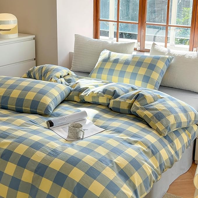 FACE TWO FACE Bedding Duvet Cover Set100% Washed Cotton Duvet Cover Linen Like Textured Breathable Durable Soft Comfy (Twin, Blue Yellow Grid)