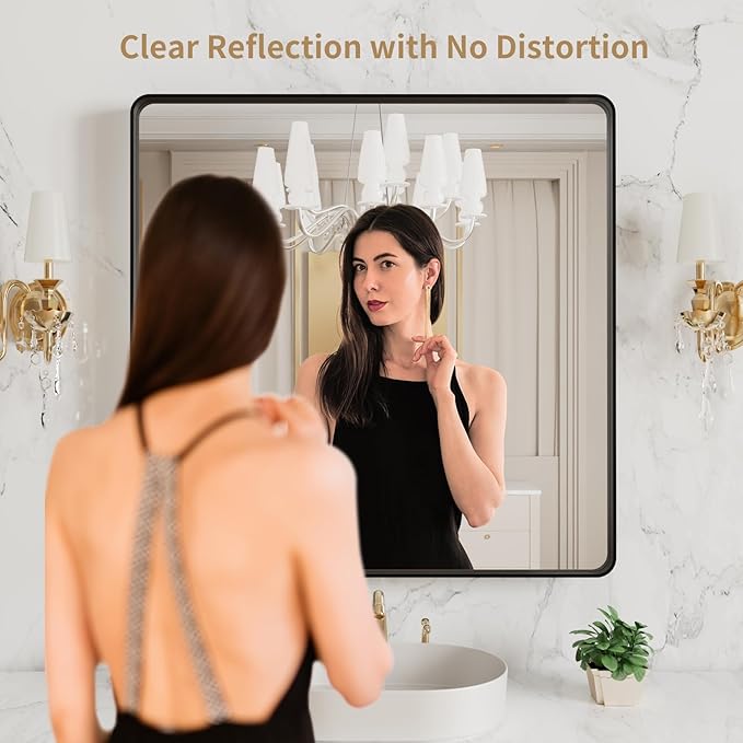 LOAAO 38x38 Inch Black Metal Framed Bathroom Mirror for Wall, Matte Black Bathroom Vanity Mirror Farmhouse, Large Rounded Rectangle Mirror, Anti-Rust, Tempered Glass, Hangs Horizontally or Vertically