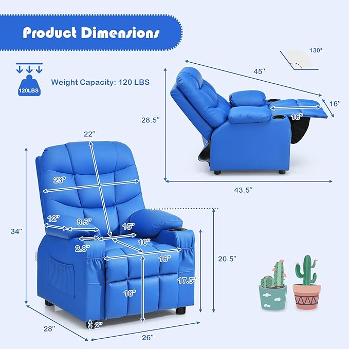 Kids Recliner, Kids Recliner Chair w/ 2 Cup Holders, PU Leather Kids Chairs Compy w/Adjustable Backrest & 3 Pockets, Toddler Furniture Sofa for Boys Girls Aged 3+ (Blue)