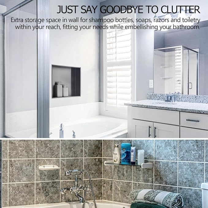 16 x16 Gunmetal Black Bathroom Shower Niche, Luckyhorse 16"x16"x4" Wall-Inserted Rectangular Recessed Bathroom Niche Recessed Shower Niche Shelf for Bathroom Storage