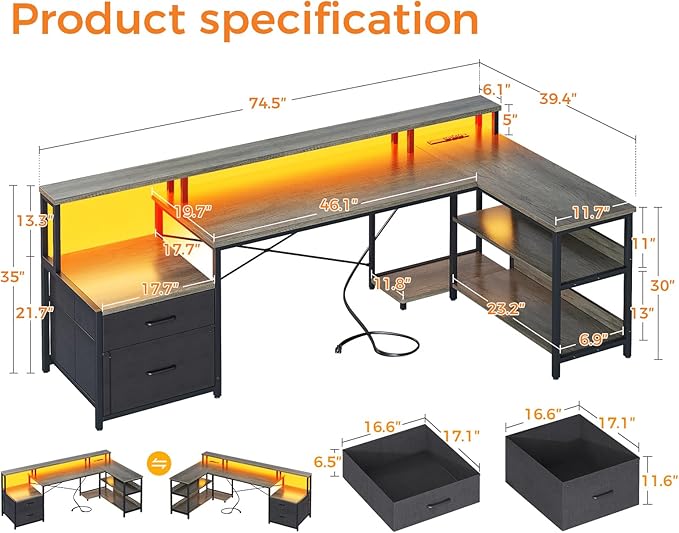 ODK L Shaped Desk with File Drawer, 75" Reversible L Shaped Computer Desk with Power Outlet & LED Strip, Office Desk with Storage Shelves, Gaming Desks with Monitor Shelf, Corner Table, Grey Oak