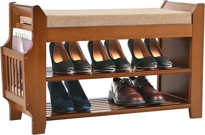 2 Tier Shoe Bench, Bamboo Shoe Rack Bench, Shoe Storage Bench Organizer for Entryway Hallway Living Room