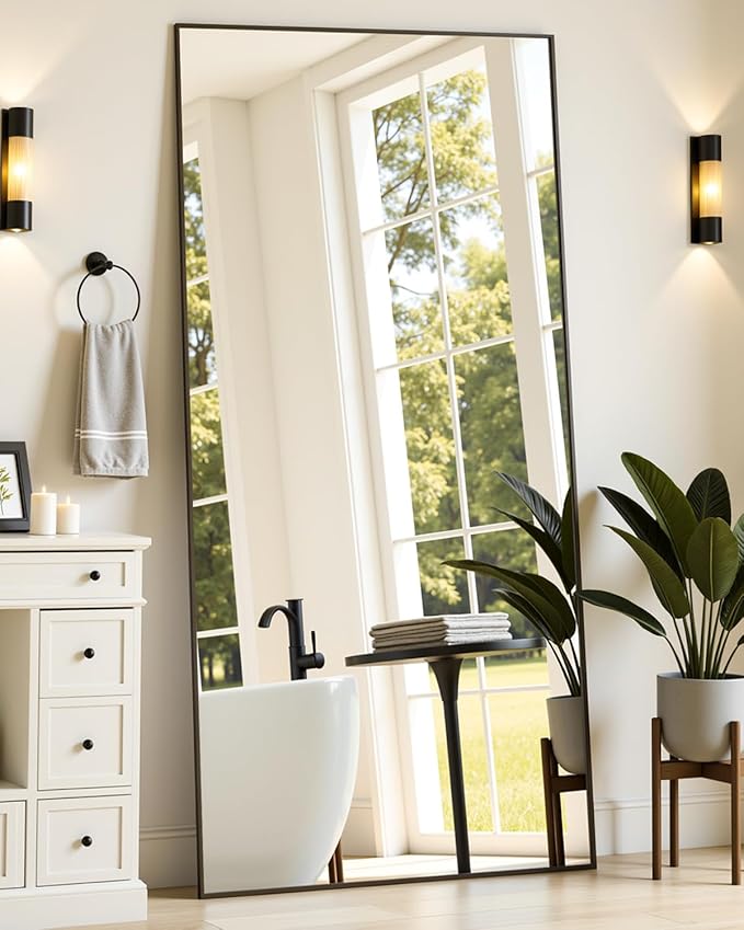 Suidia Full Length Mirror, 71"x32" Floor Standing Mirror Freestanding, Full Body Mirrors with Stand for Bedroom, Hanging Mounted for Living Room Cloakroom, Black, Rectangular Style