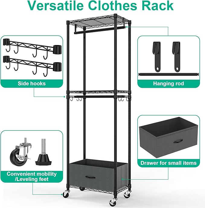 Freestanding Clothes Rack with Drawer, 3 Tier Rolling Garment Rack for Hanging Clothes, Metal Wire Shelving Wardrobe with Rods Portable Closet Organizer Clothing Shelf with Wheels, Black
