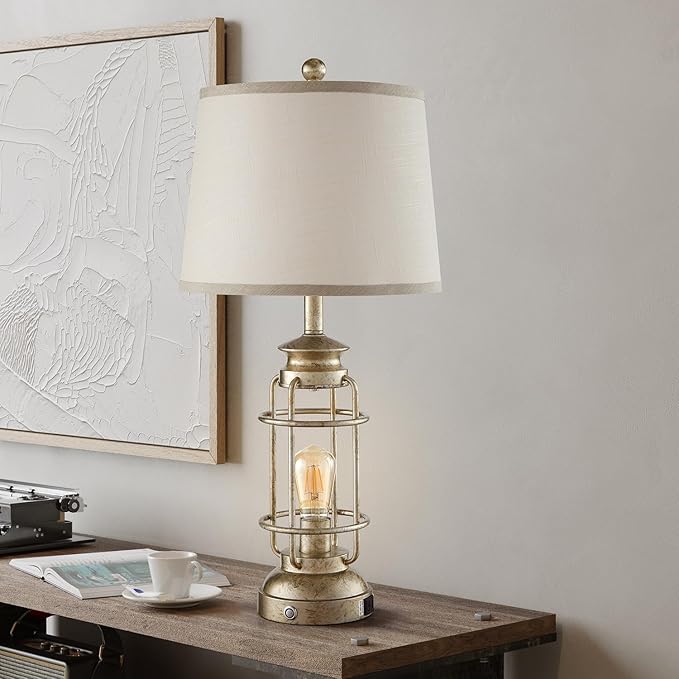 28.5" Retro Industrial Table Lamp for Living Room Bedroom Set of 2 Dimmable Touch Control Bedside Farmhouse Lamps with USB A+C Charging Ports and 2 Light Sources