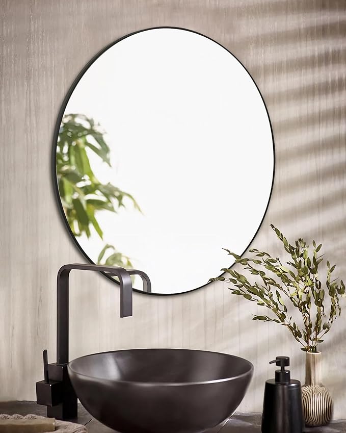 Black Round Mirror,Bathroom 24 Inch Vanity Wall Mirror,Modern Circle Mirror for Wall,Wood Mirror for Bedroom Living Room Entryway