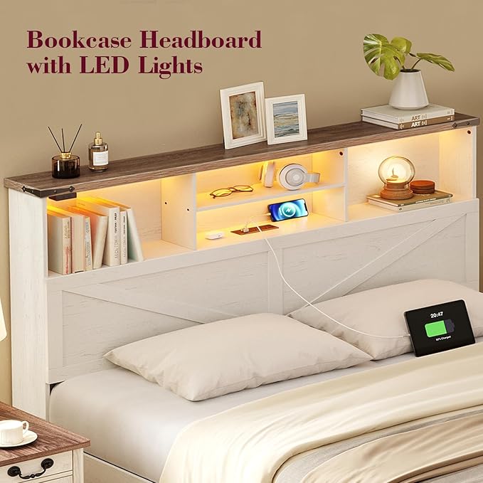 Twin Bed Frame with Bookshelf, Bookcase High Headboard with Charging Station and LED Light, Farmhouse Bed with Storage Drawers, No Box Spring Needed, Noise Free, Easy Assembly, Antique White