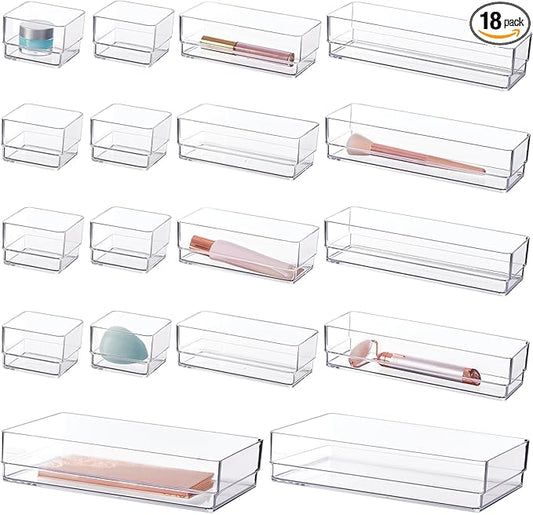 STORi SimpleSort 18-Piece Stackable Clear Drawer Organizer Set | Multi-size Trays | Makeup Vanity Storage Bins and Office Desk Drawer Dividers | Made in USA