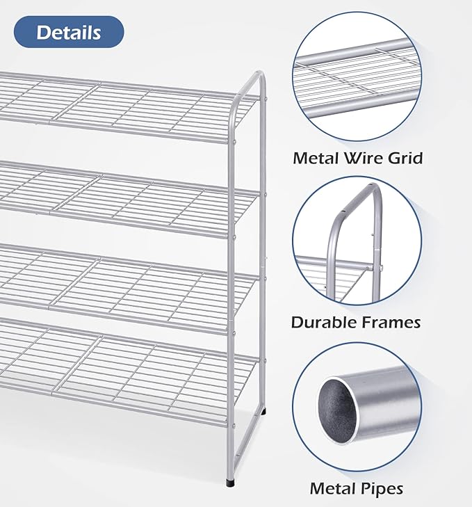 KEETDY 4-Tier Long Shoe Organizer for Closet Floor, Wide Shoe Rack for Closet, Stackable Shoe Rack for Entryway Metal Shoe Shelf for 30 Pairs Men Sneakers with Wire Grid for Bedroom, Grey