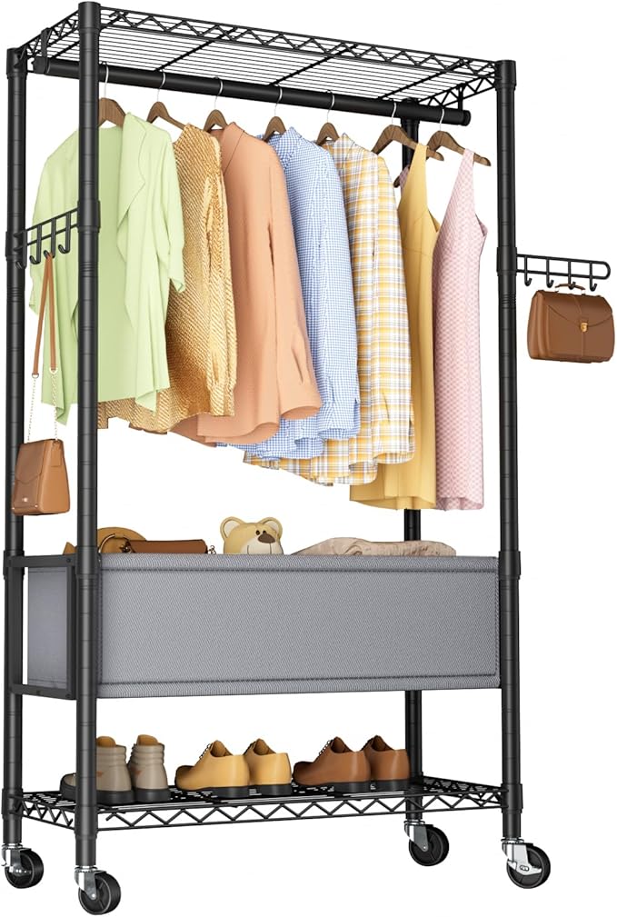 Clothes Rack,Heavy Duty Garment Rack 3 Tier Adjustable With Removable Clothe Basket,Wheels Free Standing Rolling Wire Shelving Clothing Racks for Hanging Clothes Metal Portable Closet