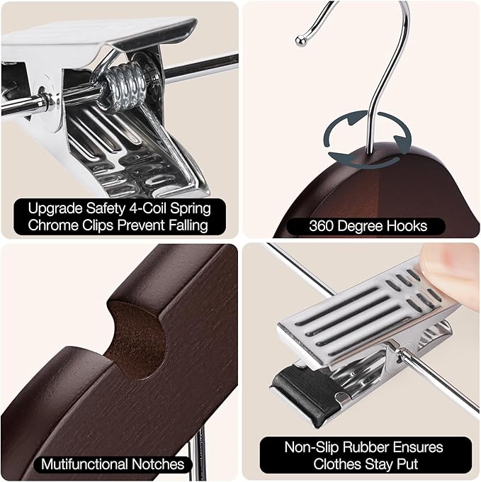 Wooden Hangers with Clips 12 PCS Pant Hangers with Clips,Smooth Solid Wooden Pants Hangers,360 Swivel Hooks & Adjustable Clips,for Jeans,Skirt,Suit,Shorts,Scarf.（Walnut）