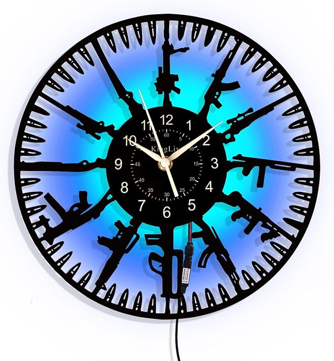 Guns LED Vinyl Record Wall Clock, 12 Inch 7-Color Night Lamp Firearms Decoration Home Theme Clock, Black Wall Decor for Kid's Room/Game Room/Living Room, A Gift for Boy/Boyfriend/Husband/Friend