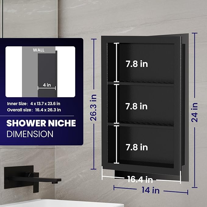 Stainless Steel Shower Niche 14" X 24"，3-Tier Shelf Niches Bathroom Shelf Recessed Wall Niche No Tile Needed Shower Shelf for Bathroom Storage(Black, 14 x 24)