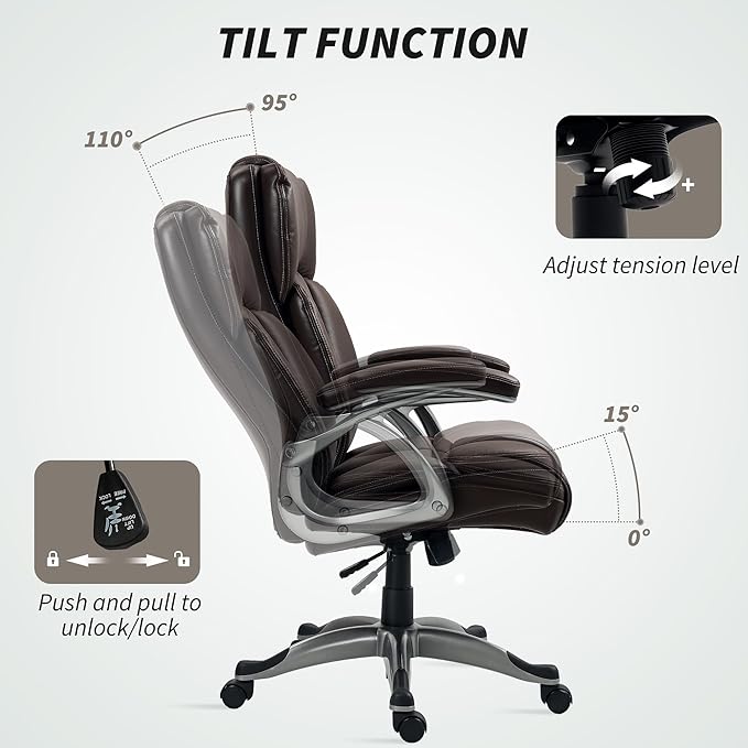 HOMCOM Executive Office Chair with Tilt Function, PU Leather High Back Desk Chair, Swivel Computer Chair with Adjustable Height, Brown
