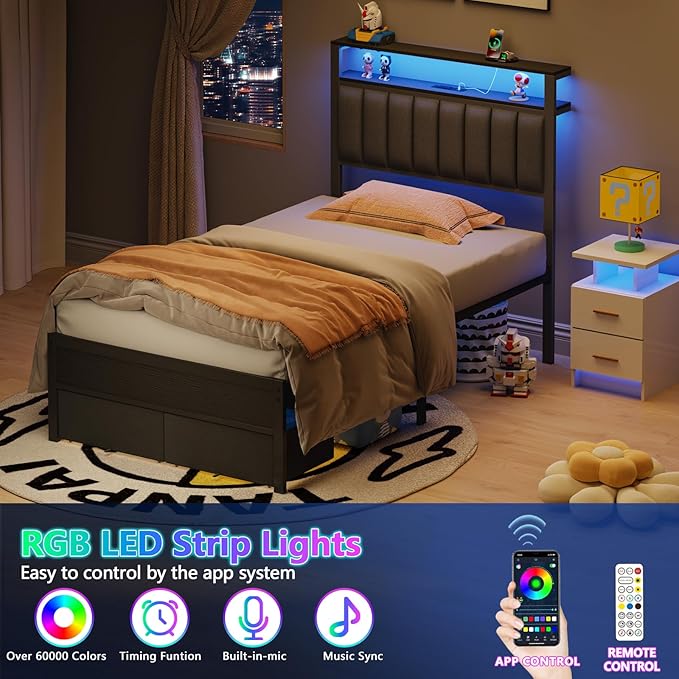 Furnulem Twin Bed Frames with Charging Station and LED Lights, Grey Upholstered Headboard with Shelves, Metal Platform Bed with 2 Under-Bed Storage (Fabric Drawer on Wheels), No Box Spring Needed