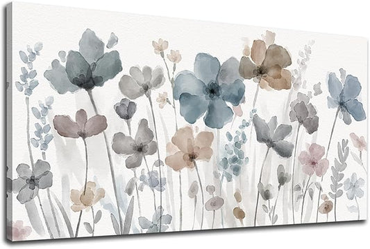 Elegant Flowers Canvas Wall Art - Floral Pictures for Wall Decor Indigo Brown Grey Canvas Painting Nature Printing Artwork for Living Room Bedroom Home Office Wall Decoration 24" x 48"