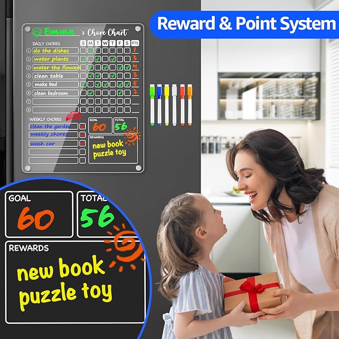 PigPotParty 3 Pack Acrylic Magnetic Kids Chore Chart for Multiple Kids & Family on Fridge – 9.5"x12" Weekly Dry Erase Chore Board with 12 Fine Point Colorful Markers & 1 Towel