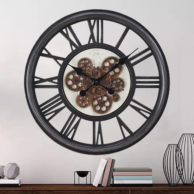 20 Inch Retro Black Wall Clock, Silent Non-Ticking Battery Operated Round Vintage Clock with Moving Gears,Decorative Living Room, Kitchen, Bedroom Decor