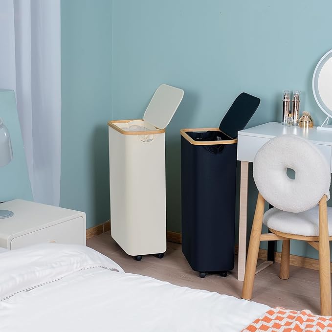 efluky Slim Laundry Basket with Wheels, Narrow Rolling Laundry Hamper with Lid and Removable Bag, Aesthetic Dirty Clothes Hamper on Wheels for Laundry Room, Bedroom, Dorm and Bathroom, 75L Beige