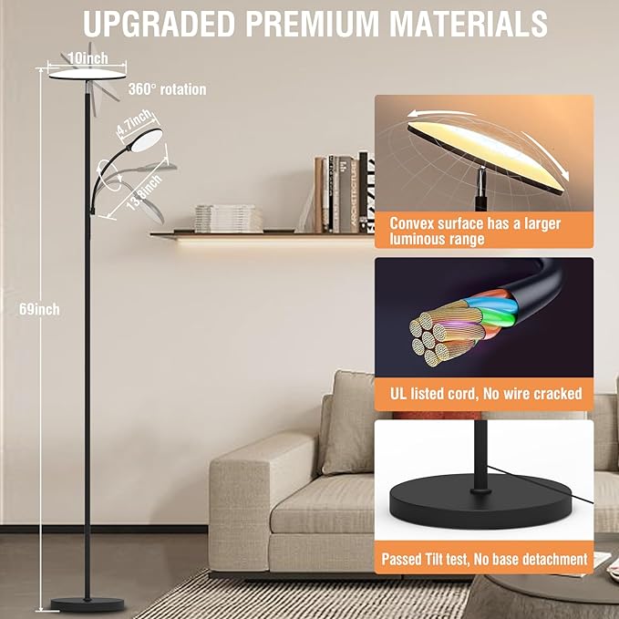 Floor Lamps for Living Room, 44W/4500LM Super Bright 2 in 1 LED Floor Lamp with Remote, Stepless Dimmable, 69" Tall Standing Floor Lamp with Bendable Reading Light for Bedroom Office